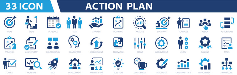 action plan 33 icon set. banner action plan concept.containing planning, schedule, strategy, analysi