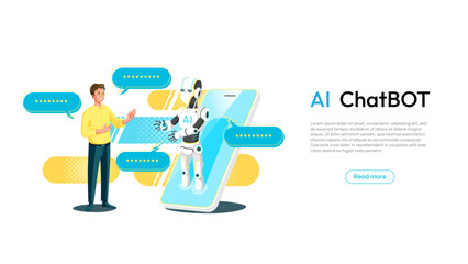 AI Chatbot or artificial intelligence concept. AI Robot answer customer in chatbot service. Dialog between AI assistant and user. Web banner layout template and cartoon character, vector illustration