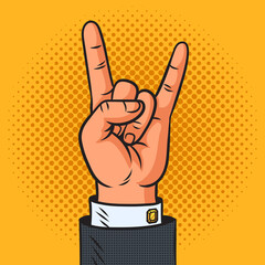 Sign hand rock and roll heavy metal pop art retro raster illustration. Sign of horns hand gesture. Comic book style imitation.