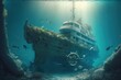 A sunken ship at the bottom of the ocean. AI generative