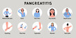 Young woman with pancreatitis symptoms and early signs. Female with diarrhea, nausea, vomiting. Infografic with patient character. Problem with digestive system Flat vector medical illustration
