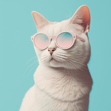 Fashion Cat In Sunglasses, Blue Background. Generative AI