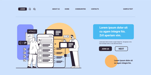 Wall Mural - web developers couple creating program code on smartphone screen development of software and program