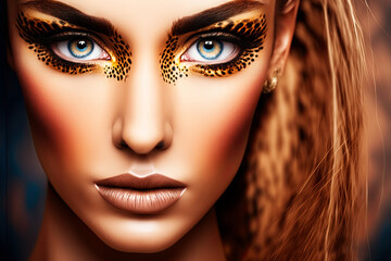 Beauty Fashion Model Girl with Holiday Leopard Makeup Golden Wild Cat Eyes Makeup Eyeshadow Beautiful Woman Face with Perfect Skin Animal Make Up - Post-processed Generative AI