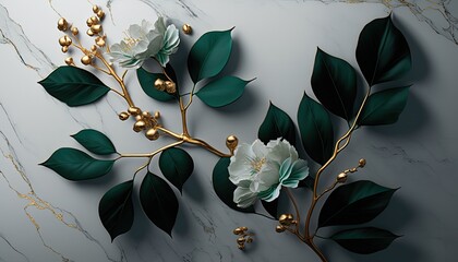 3d Wallpaper Green Flowers on a Golden Tree on White Flat Marble Background. Incredibly Detailed, AI-Generated, Digital Illustration.