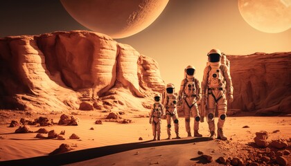 Wall Mural - astronaut on the dry surface of mars made with generative ai