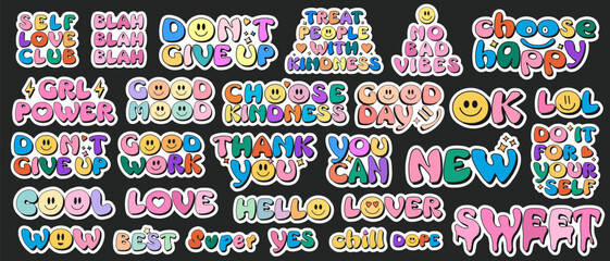 Aufkleber - Cool Trendy Smile Stickers Pack. Set Of Groovy Patches Vector Design.. Pop Art Badges.