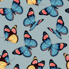 Wall Mural - Vector pattern with high detailed tropic butterfly