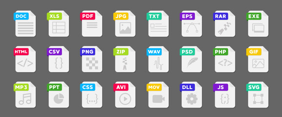 File format flat icon set. Document file icons vector set