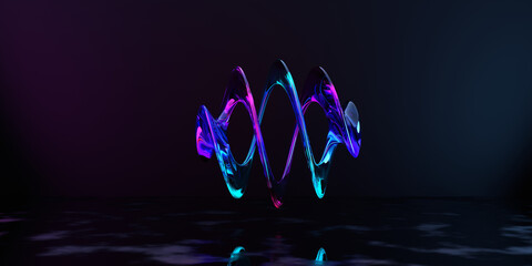 Wall Mural - 3d render, abstract pink blue curvy glass ribbon and reflection on the ground . pink blue neon light effect.