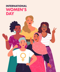 Wall Mural - International women's Day greeting card concept. Vector cartoon illustration in trendy flat style with five diverse multiracial women standing together and smiling. Isolated on light background
