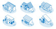 Set of isometric line art residential house, Six types variation