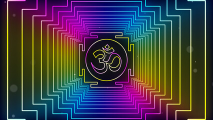 Abstract Colorful Glowing Light Omkara Devanagari Symbol In Sacred Geometric Square Neon Lines Frame With Glitter Bokeh Particles