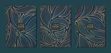 Vector Japanese Leaves Art Deco Patterns. Floral Golden Elements Template In Vintage Style. Luxury Black Line Covers, Flyers, Brochures, Packaging Design, Social Media Post, Banners