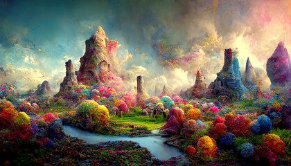 Wall Mural - 3d rendering of a colorful fantasy landscape, Detailed, colored. Generative Ai