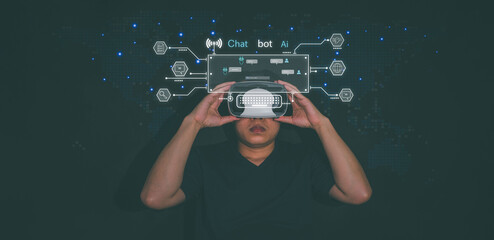 businessman using VR glasses, 3d chatbot on communicator, using Q-A commands to create AI tasks using technology developed by programmers. Smart robots of the future. Cutting-edge AI technology