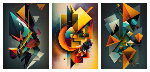 Wall Mural - Set of abstract geometric colorful livingroom art posters, color texture, concept art, generative ai