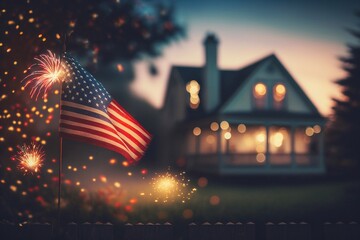 Evening photo of the American flag on the house and fireworks on the background with light bokeh. Generative AI