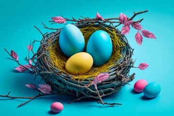 Colorful Easter eggs in decorative nest on light blue background. Generative AI