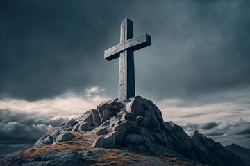 big cross standing on a mountain against the sky. generative ai