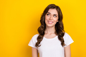 Poster - Portrait of adorable pretty young business woman smiling looking mockup opening new accessories store ad isolated on yellow color background