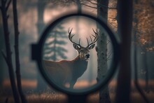 View Of A Deer In Wilderness Or Nature Through The Sight Of A Hunting Rifle. Generative AI