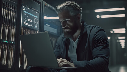 Handsome technician working on a laptop in a dark server room. Generative AI