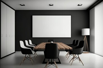 Interior of modern office meeting room black and white with wooden furniture conference table with black chairs and mock up Made with Generative AI