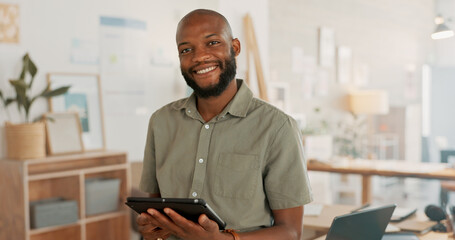 Tablet, office and business black man with digital marketing, company asset management and startup career. Commerce, technology and businessman entrepreneur, boss or manager in a work smile portrait