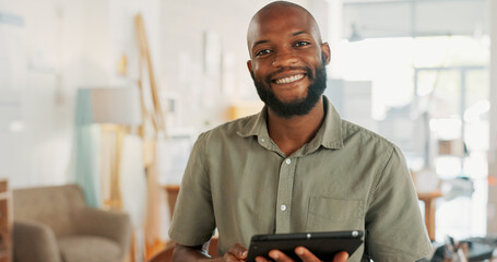 Tablet, office and business black man with digital marketing, company asset management and startup career. Commerce, technology and businessman entrepreneur, boss or manager in a work smile portrait