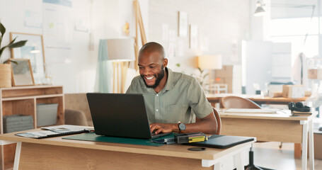 Poster - Email, phone and businessman working, planning and in communication with people on the internet at work. African manager, worker or employee typing on a laptop and reading on a mobile in an office