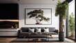 © luke - Modern Japanese living area with grey sofa and indoor plants, large framed picture and coffee table, Generative AI