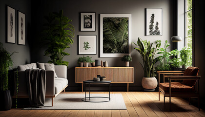 Simple modern living room with wooden furniture lots of plants and some framed wall art, Generative AI