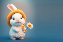 A White Fluffy Rabbit With Long Ears In A Yellow Hat Holds A Daisy Flower. Generative AI, Generative Artificial Intelligence