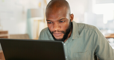 Poster - Email, phone and businessman working, planning and in communication with people on the internet at work. African manager, worker or employee typing on a laptop and reading on a mobile in an office