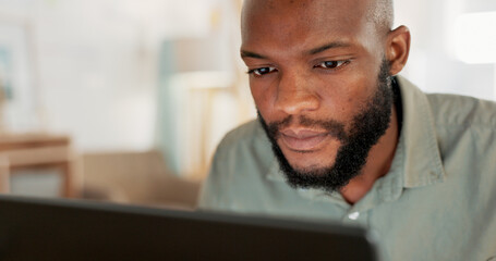 Canvas Print - Laptop, work and businessman reading an email, working on the internet and doing a search for ideas at work. African worker, employee or man in corporate on the web with technology for a project