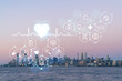 New York City skyline from New Jersey over Hudson River with Hudson Yards skyscrapers at sunset. Manhattan, Midtown. Health care digital medicine hologram. The concept of treatment, disease prevention