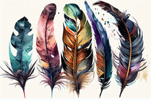 Colorful Collection Feathers On White Background. Generative Backdrop
