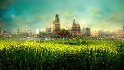 New city against green field and blue sky. Generative Ai