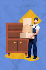 Poster - Vertical collage image of cheerful delivery man arms hold pile stack carton boxes furniture drawer isolated on creative background