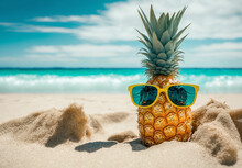 Attractive Ripe Pineapple And Sun Glasses On Sand Against Turquoise Water. Tropical Summer Vacation Concept. Generative AI.