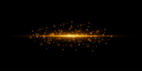 Wall Mural - Golden line of light. Magic glow, particles of light, bokeh on a black background