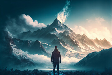 A person contemplating the majesty of nature in a surrounding mountain range. Realistic style, cool tones and commitment to sustainable energy. Generative AI