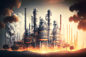 Factory with air pollution, Oil industry,Close-up of industrial pipelines of an oil-refinery plant. Generative Ai.