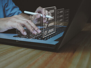 Wall Mural - concept of doing online test or questionnaire icon on digital window choosing the right answer or sa