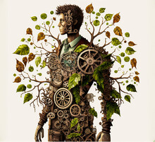 A Unique And Symbolic Image Representing A Tree Represented By Gears And Cogs, All In A Palette Mixing Green, Brown And Silver. Surrealist Style. Generative AI
