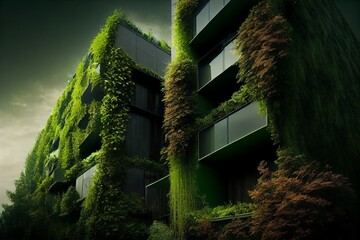 Sticker - Eco-Friendly Green Building With Vertical Garden Design For Sustainability . Sublime Image . Generative AI