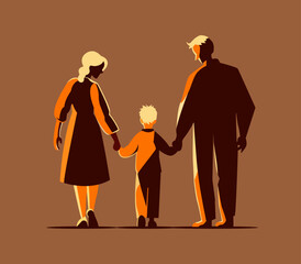 Father and mother figure holding hands with child. Mom with dad and son. Vector illustration for concepts of family.