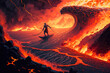 A man surfing on a river of molten lava, illustration - Generative AI