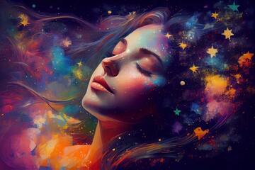 Wall Mural - abstract woman dream decorated by harmony and endless colors of star in the sky background . sleepin